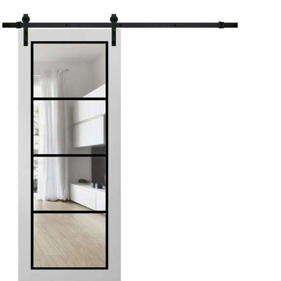 Sturdy Barn Door 18 x 80 inches | Lucia 2466 White Silk Clear Glass | 6.6FT Rail Hangers Heavy Hardware Set | Solid Panel Interior Doors