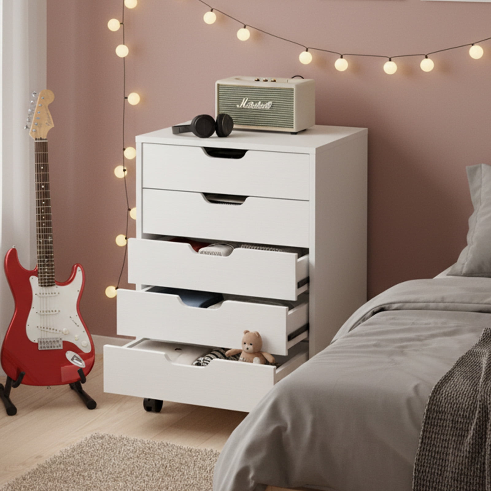 Ktaxon Mobile 5 Drawer File Cabinet Rolling Storage Cart Wood File Cabinet with Wheels, White