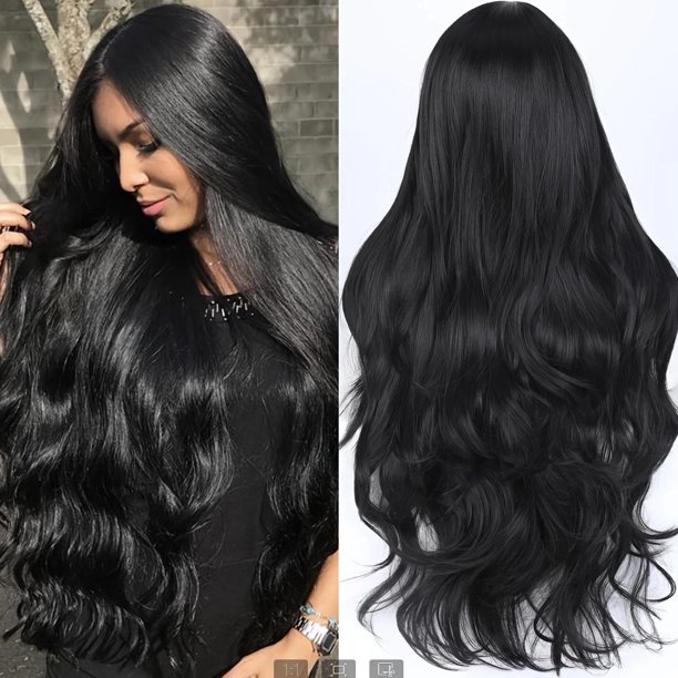 KAKOWELY Peluca larga ondulada para mujeres negras: Peluca sintética encantadora con raya al medio y rizada - Cabello natural resistente al calor para uso diario en fiestas.