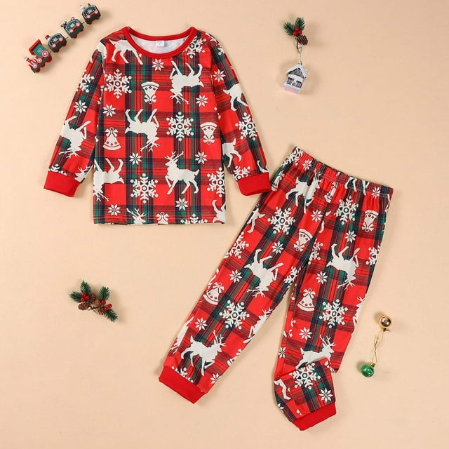 Ensemble de Pyjamas Tenue Parent-Enfant Costumes de Noël Patchwork à Carreaux Imprimés Vêtements de Maison Col Rond Manches Longues Pyjamas Ensemble Deux Pièces pour Enfants Pyjamas de Noël Ensemble Familial en Liquidation