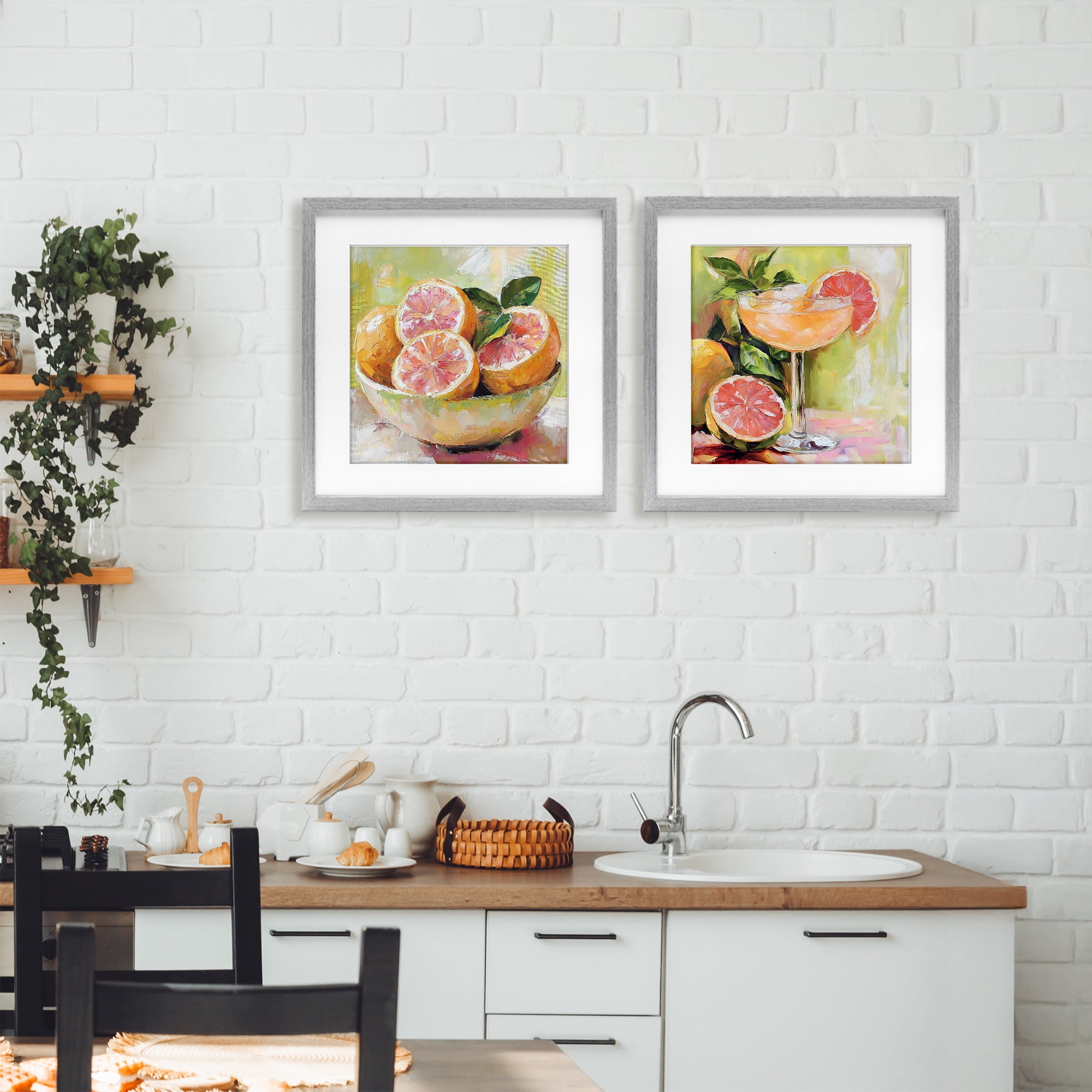 Stupell Industries Grapefruit Bowl & Cocktail 2 Piece Gray Framed Print Under Glass Set, design by Riley B