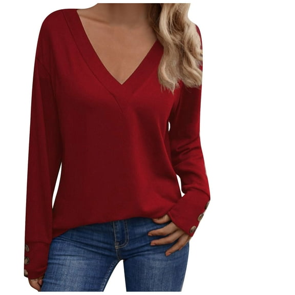 WREESH Womens Fashion Tunic Top V Neck Solid Color Pullover Regular Fit Long Sleeve Tops Casual Ladies Button Tops Blouse Wine