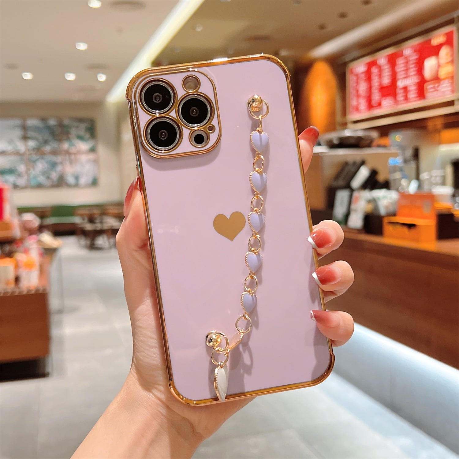 Dteck Luxury iPhone 12 Mini Cute Case for Women,Sparkle Plating Heart Case  with Chain Strap Camera Lens Protective Girly Case For iPhone 12