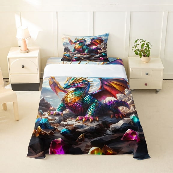 Homewish Wild Dragon Twin Sheets,Magical Animal Bedding,Gray,3-Piece,1 Fitted Sheet and 1 Pillowcase
