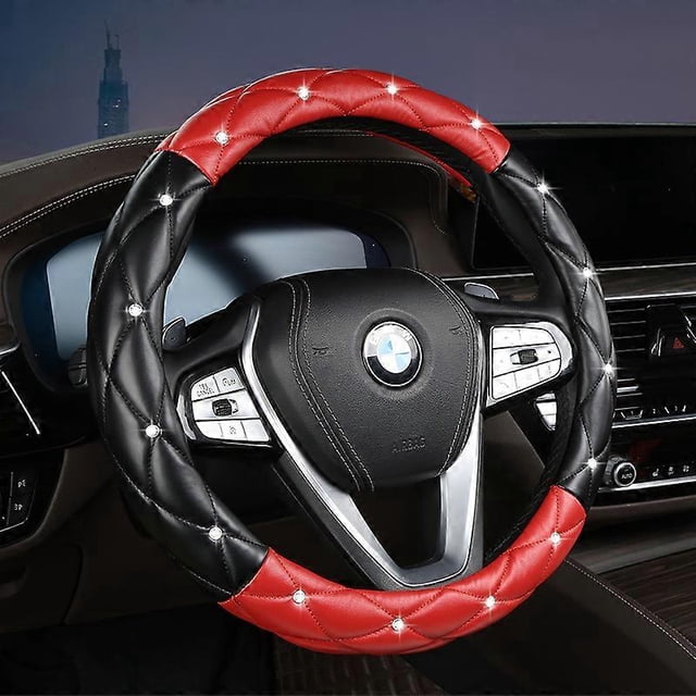 Diamond Leather Bling Steering Wheel Cover, Fit 15 inch -Black+Red Universal Car Steering Wheel Protector with Crystal Rhinestones Anti-Slip Soft Inte