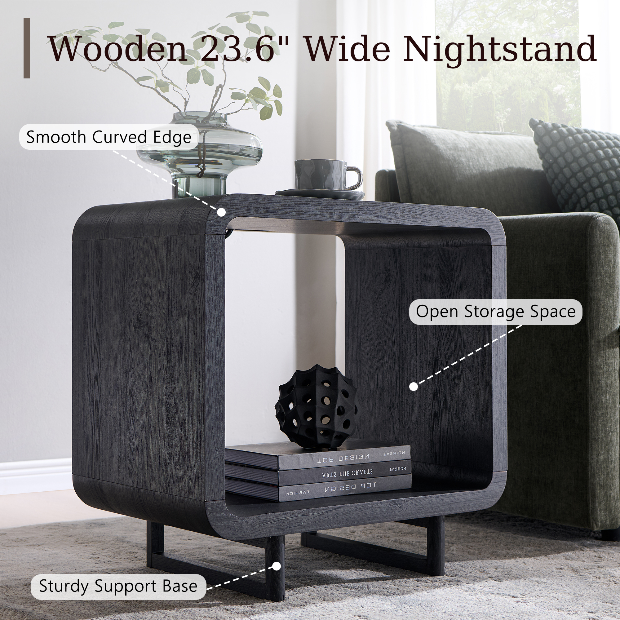 SinCiDo End Table with Charging Station, 23.6" Modern Bedside Table with Open Storage Shelf, Nightstand for Bedroom Living Room