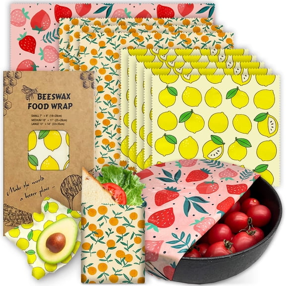 Reusable Beeswax Food Wraps 9-Pack, Organic Cotton Eco-Friendly Sustainable Alternative to Plastic Wrap, Zero Waste Biodegradable Food Storage with 3 Sizes Small Medium Large, Fruit Patterns