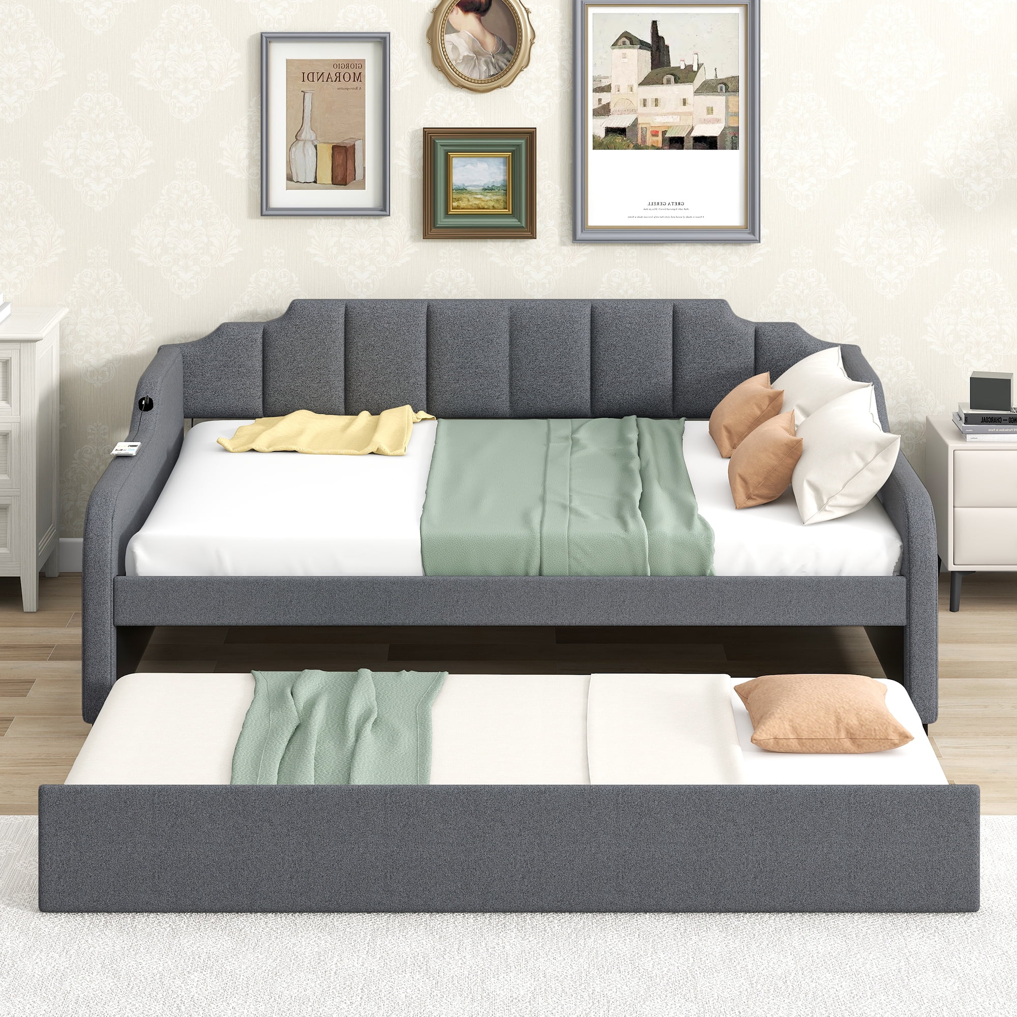 Euroco Full Size Daybed with Trundle, Upholstered with Padded Back for Kids, Gray