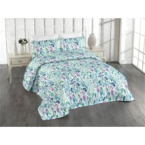 Ambesonne Botanical Quilted Bedspread Set 3 Pcs, Garden Vibes Leafy Print, Queen, Teal Pale Purple and White