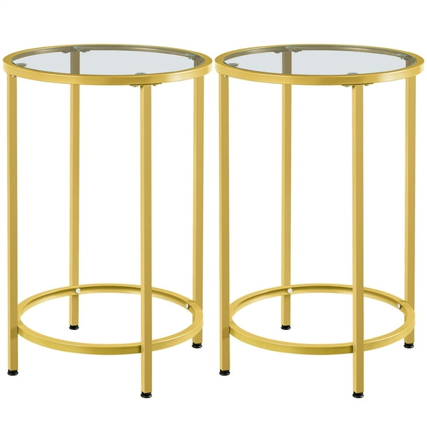 Topeakmart 2pcs Round Glass Top Bedside Table End Accent With Metal Frame Gold Com Bedside Table End Accent, Round Glass Bedside Table