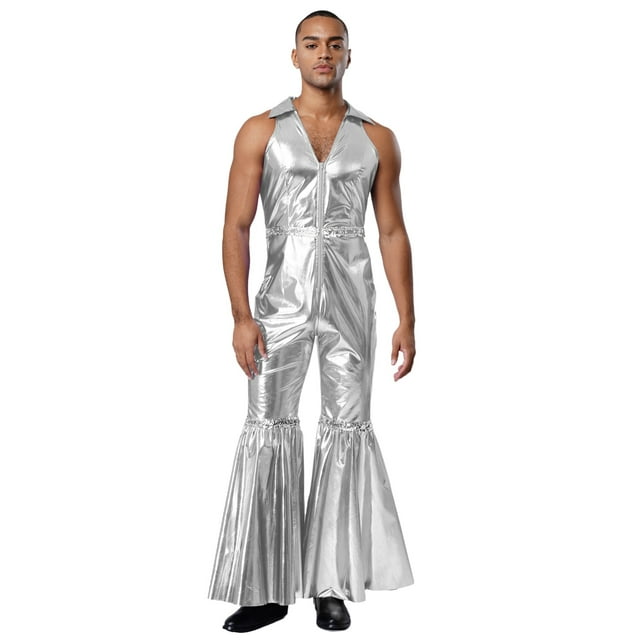 inlzdz Mens 70s Disco Dance Rompers Lapel V Neck Sleeveless Front Zipper Bell Bottom Jumpsuit Silver 3XL
