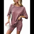 thumbnail image 2 of Pijama de 2 Piezas para Mujer, de Punto Acanalado, con Camiseta y Pantalones Cortos A Juego, Vino Tinto, Talla M, 2 of 7