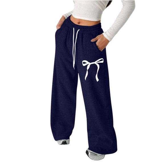 Grblisyd Girl's Bow Baggy Sweatpants Wide Leg Athletic Pants with Pockets Casual Drawstring Waist Back to School Trousers