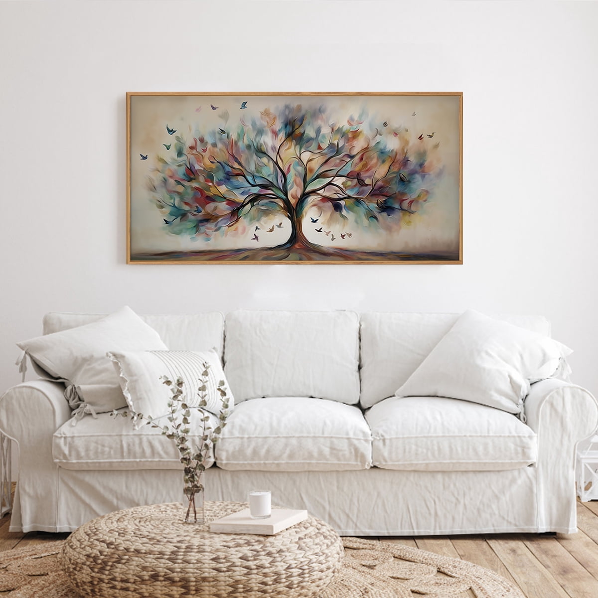 TOARTi Tree of Life Framed Canvas Wall Art Abstract Bird with Colorful Leaves Painting Nature Big Tree Decor for Living Room Bedroom Office 20x40 Inch