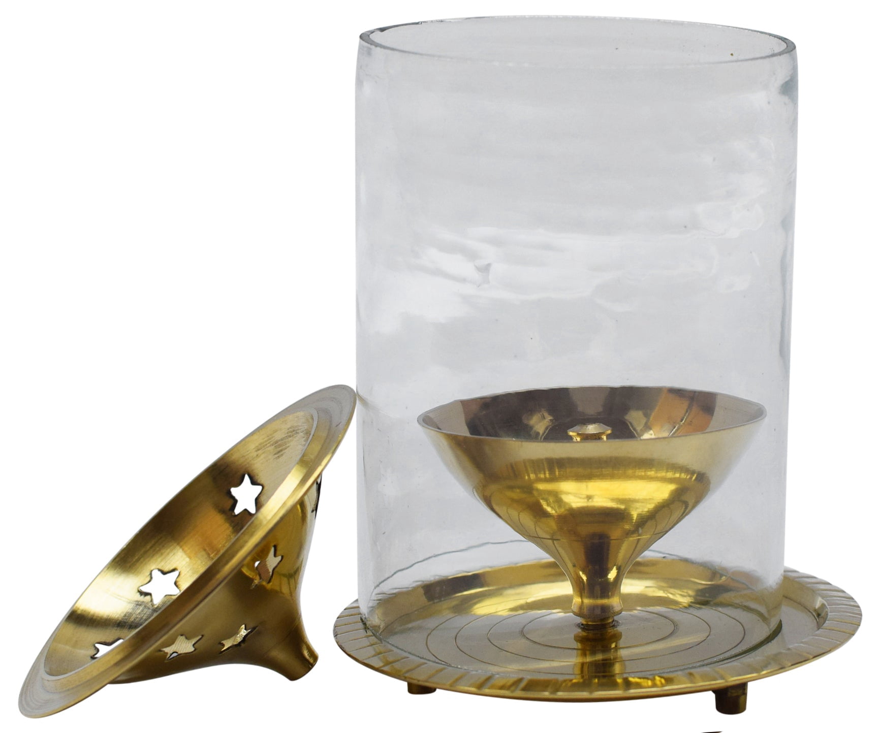 OM SHRI OM Pure Brass Indian Oil Lamp Akhand Diya Glass Stand Deep Diwali