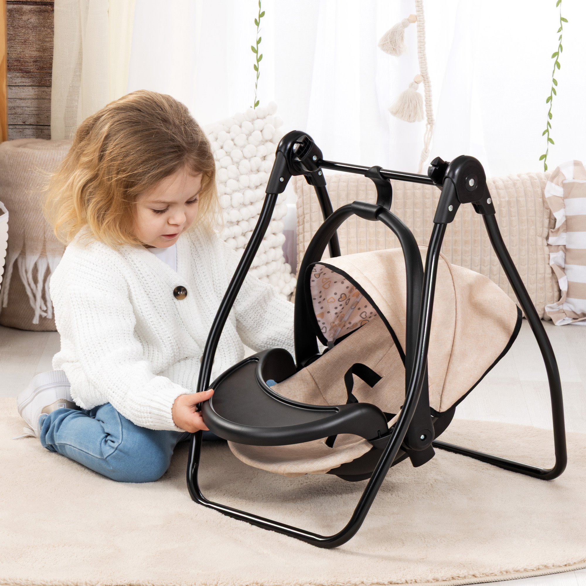 Bayer Design: Doll 4-In-1 Vario - Beige-Black-Hearts - Convertible Toy: Highchair-Swing-Bed-Car Seat, All-In-1 Care Accessory Fits 18" Dolls, Kids 3+