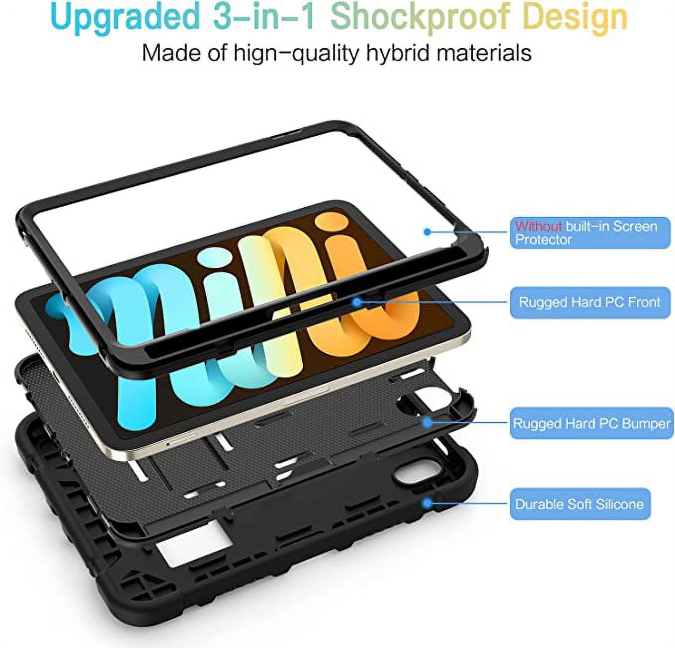 Entronix Heavy Duty Case for iPad Mini 6th Gen, 8.3 Inch 2021 with Pencil Holder, Slim Heavy Duty Shockproof Rugged Protective Kids Case for iPad Mini 6th Generation 8.3”2021,Black