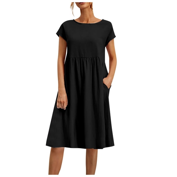 Vestido de algodón y lino con corte en A para mujer 2025 - Cuello redondo, tallas grandes, corte holgado, ropa informal de oficina para verano