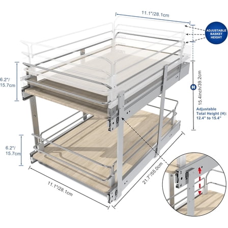 STORKING 2-Tier Pull Out Cabinet Organizer 11" W x 22" D, Heavy Duty Slide Out Kitchen Cabinet Drawer with Smooth Roller System, Wood & Chrome Pantry Storage Shelf for Pots, Pans & Supplies