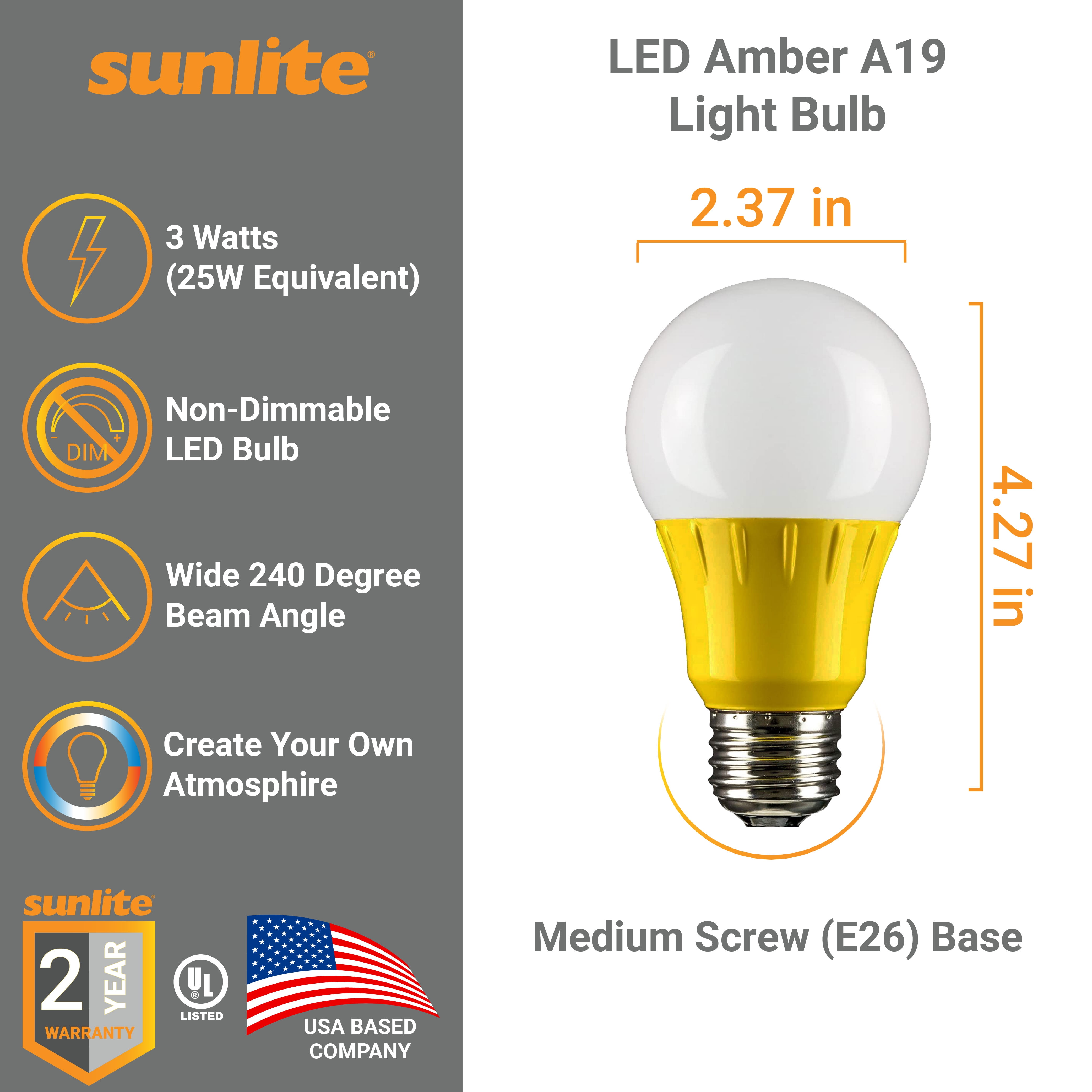 Sunlite LED A19 Colored Light Bulb, 3 Watts (25w Equivalent), E26 Medium Base, Non-Dimmable, UL Listed, Party Decoration, Holiday Lighting, Amber, 6 Pack