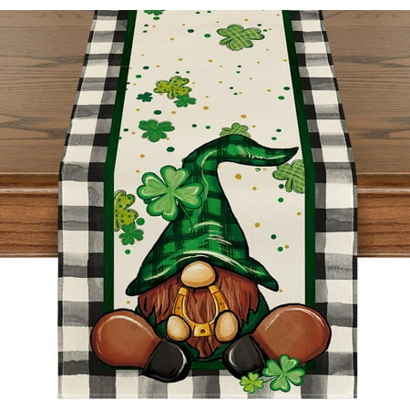 

Buffalo Plaid Shamrock Gnome St. Patrick s Day Table Runner Seasonal Spring Holiday Kitchen Dining Table Decoration for Indoor Outdoor Home Party Decor 13 x 72 Inch