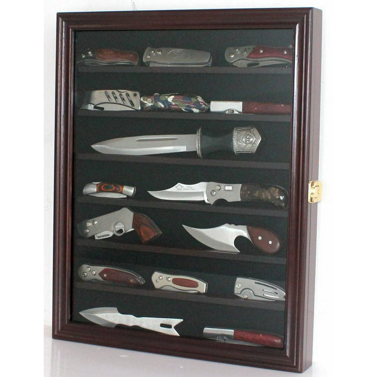 Pocket Hunting Knife Display Case Wall Wooden Cabinet with Glass UV  Protection Door, Mahogany Finish 