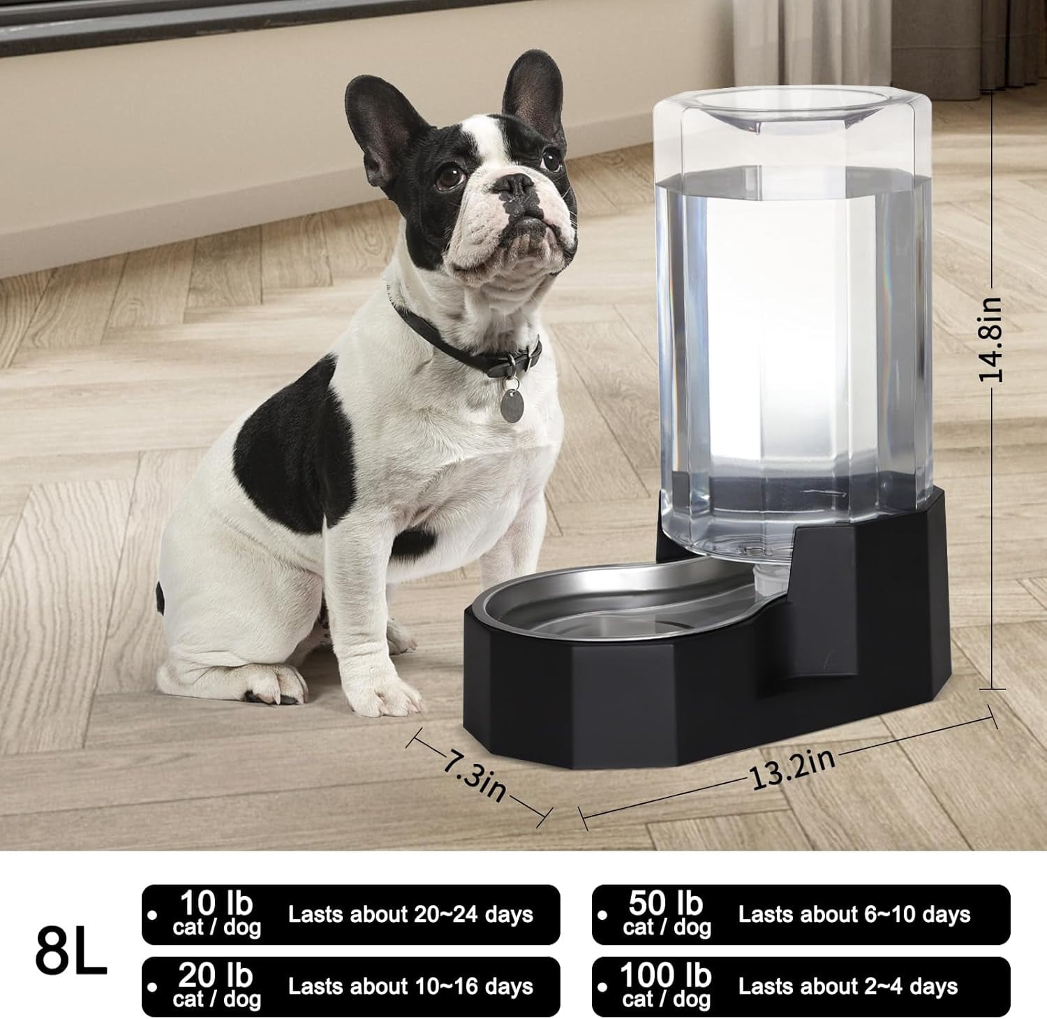 Black 8L Gravity Dog Water Dispenser - Fewer Refills for Multi-Pet Homes, No Power Needed, Spill-Proof, Easy Refill & Maintenance, with Stainless Steel Bowl, for Large Dogs, for Garage/Patio