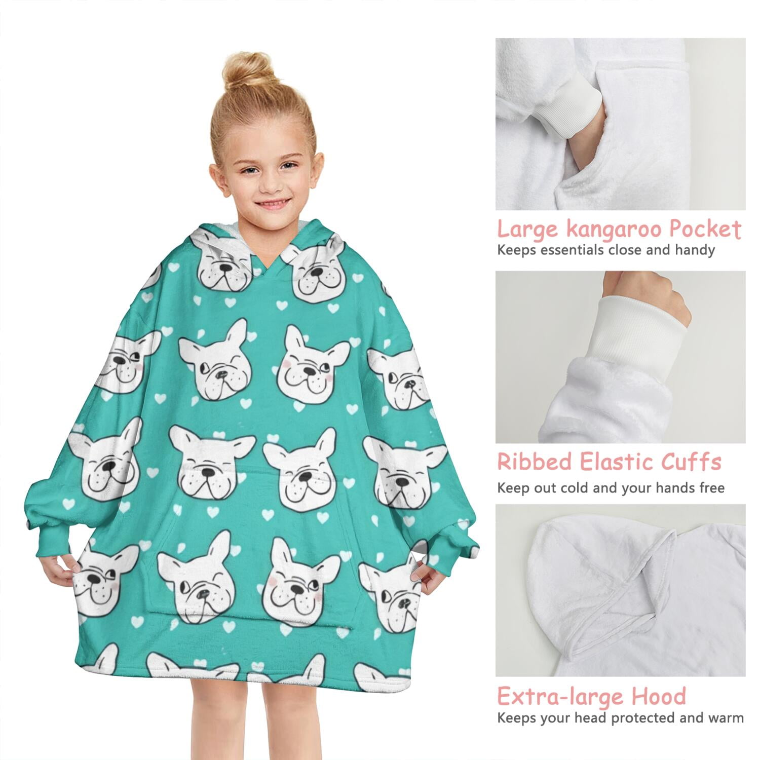 Esign Of Head Pug Dog Blanket Hoodies for Kids 6-13YR Oversize Wearable Blanket Hoodies for Boys Girls Teens