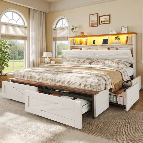 Farmhouse Bed Frame with 6 Storage Drawers, Queen Size Wood Platform Bed with Headboard Bookcase and Built-in Charging Station, LED Lights, White Modern Bedroom Furniture