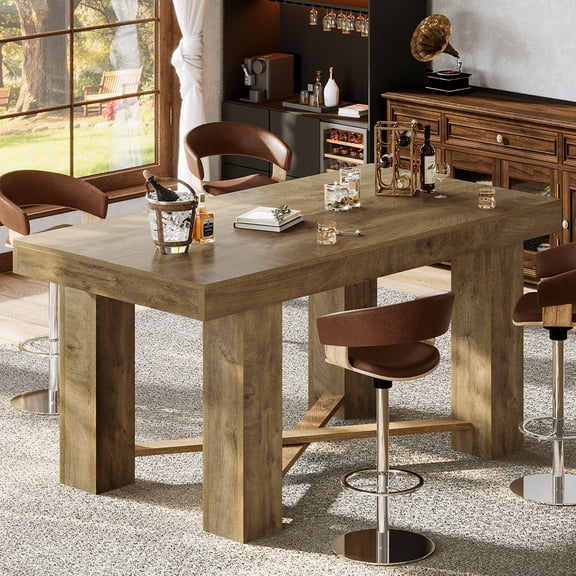 Finmind 55" Farmhouse Bar Table, Rectangular Counter Height Table, Modern Wooden Home Bar Furniture for Kitchen, Dining Room, Living Room, Pub, Bistro, Basement, Natural Wood
