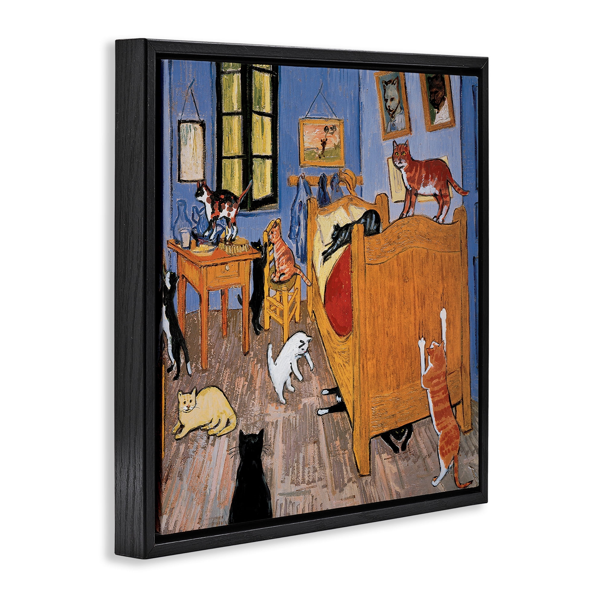 Stupell Industries Cats in Bedroom Classics Parody Animals & Insects Painting Black Floater Framed Canvas Art Print Wall Art, 25 x 25