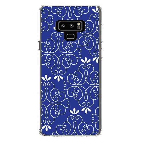DistinctInk Clear Shockproof Hybrid Case for Samsung Galaxy Note 9 - TPU Bumper, Acrylic Back, Tempered Glass Screen Protector - Dark Blue White Floral
