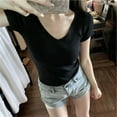 thumbnail image 4 of WREESH Women's Ribbed Knit V-Neck Tops Short Sleeve Fashion Solid Colors Black, 4 of 5