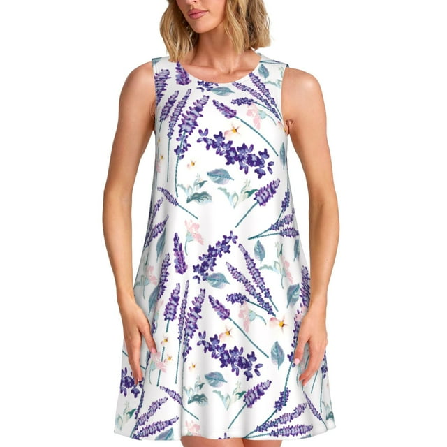Vsdgher Robe d'Été à Imprimé de Fleurs Lavande pour Femmes, Décontractée, Col en U, Robe de Plage Sans Manches, Débardeur Ample, Robe Soleil avec Poche