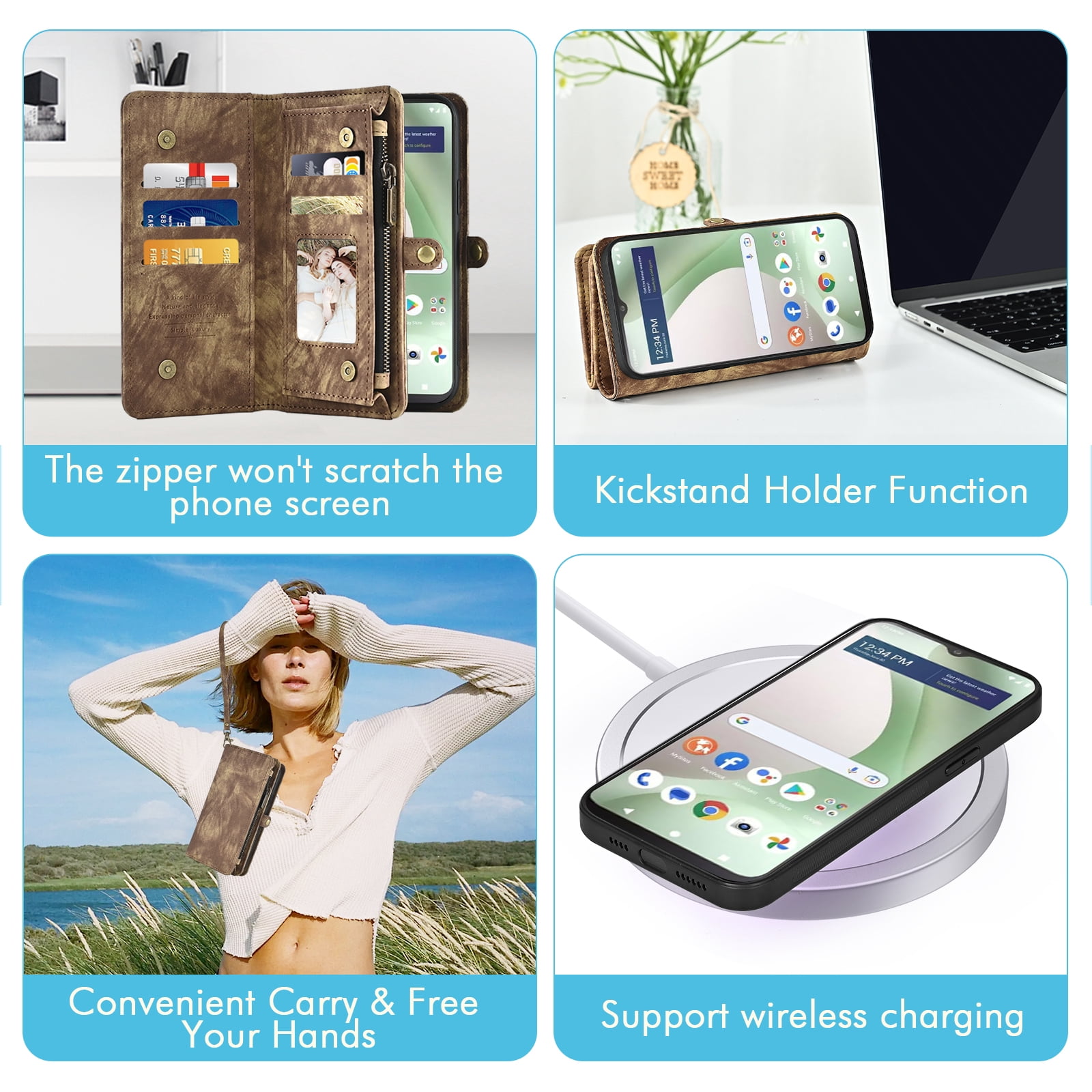 Asuwish Phone Case for Tracfone BLU View 5 B160V Zipper Wallet Detachable Cell Cover with Tempered Glass Screen Protector Crossbody Strap Flip Card Holder Trac Fone BLUE View5 160V 2024 Women Brown
