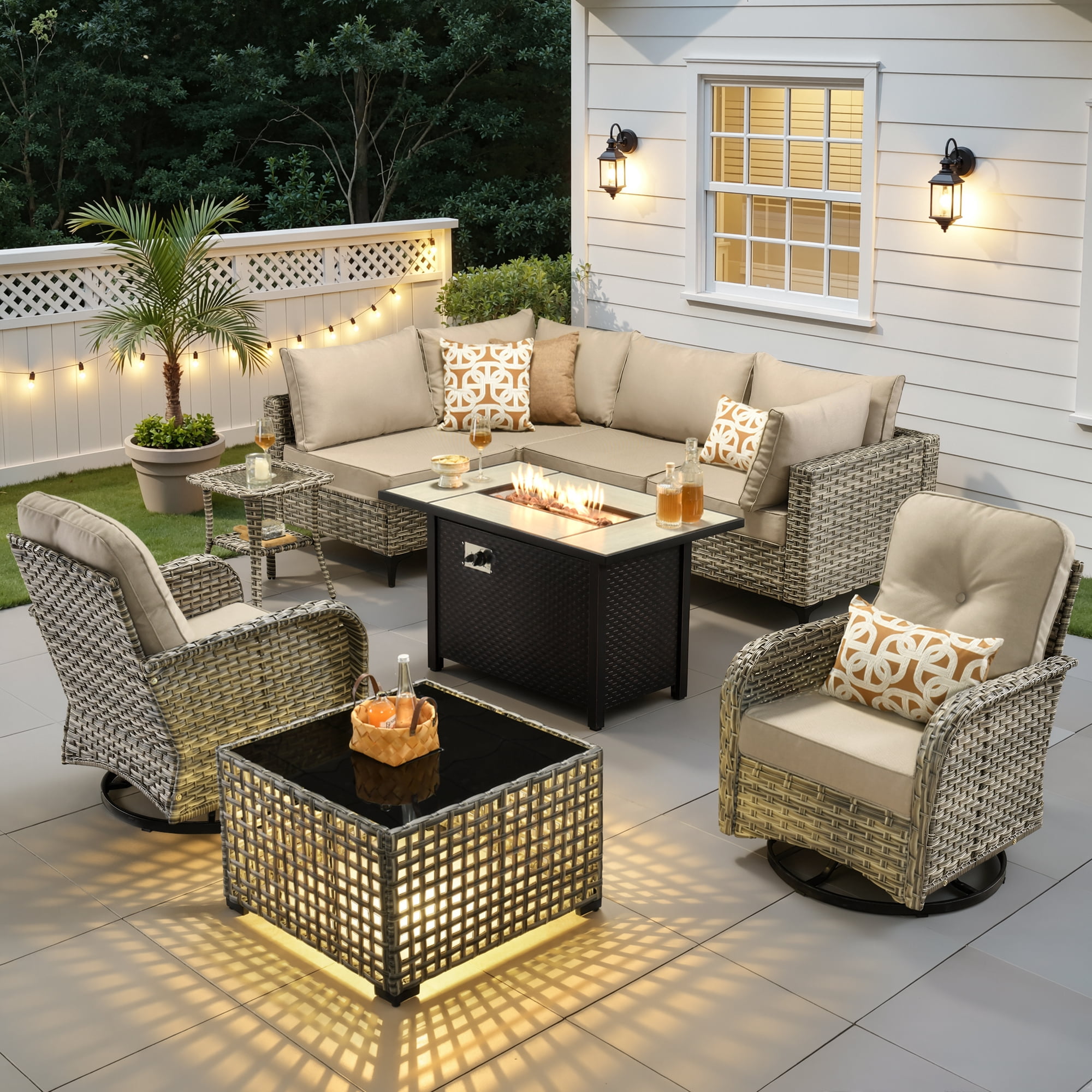 Ovios Outdoor Patio Furniture Set 9 Pieces Rattan Wicker Sectional with 42" Gas Fire Pit, Swivel Chairs, Solar Table, Beige