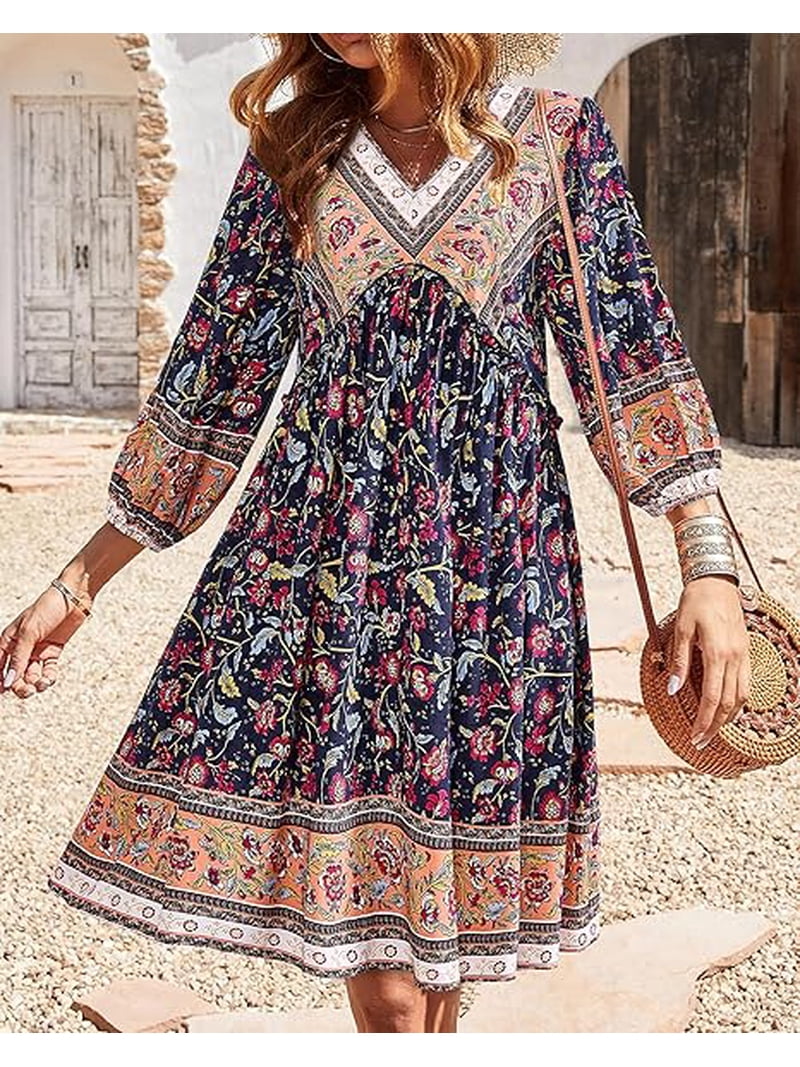 boho babydoll dress BTFBM Women Casual Spring Summer Dresses V Neck 3/4 Long Sleeve Ruffle Floral Flowy Mini Short Beach Size:12 months this Bluivy dress creates formal gowns classy Stunning, vintage, rich burgundy