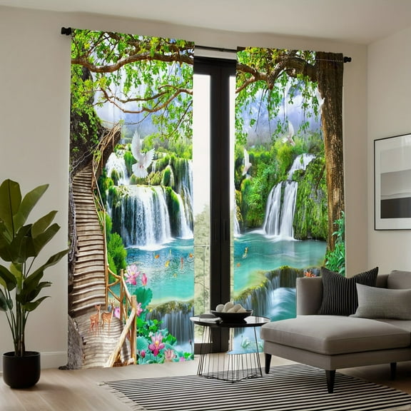 WNOOHIY Nature Landscape Sunshine Forest Waterfall Printed Curtains For Bedroom,Living Room,Office,Set of 2 Panels