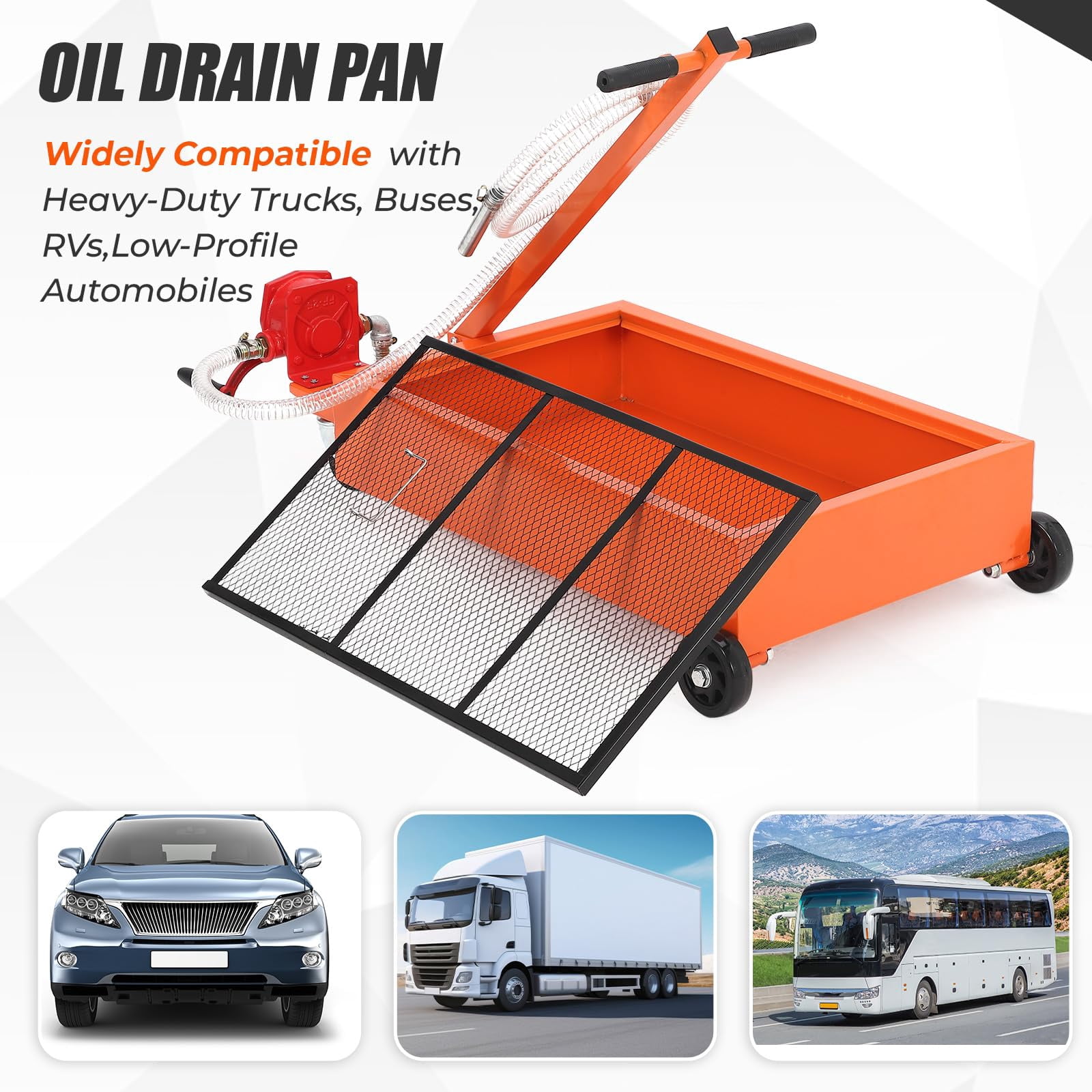 Memoryfield 15 Gallon Low Profile Waste Oil Drain Pan with Manual Pump, Rolling Oil Drain Cart with 8 ft Hose & Folding Handle, for Trucks, RVs & Buses, Orange