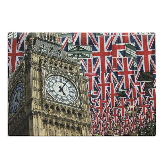 Union Jack Cutting Board, UK Flags Background Big Ben Celebrations Loyalty, Decorative Tempered Glass Cutting and Serving Board, Large Size, Pale Coffee Red, by Ambesonne