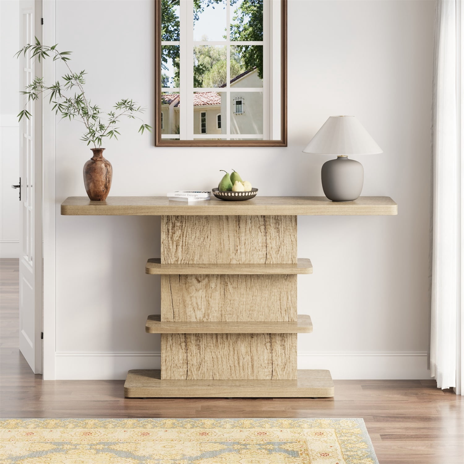Hommoo 63" Vintage Narrow Console Table with 2-Tier Open Storage Shelves,Stylish Design High Weight Capacity, Suitable for Living Room,Hallway, Natural