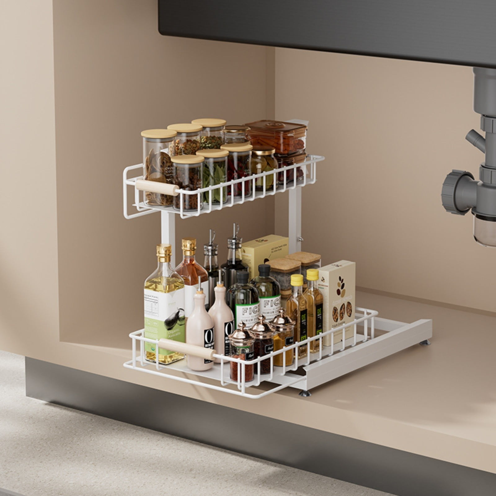 Hxlamzoo Adjustable Under Sink Organizer, Pull-out Kitchen Cabinet Storage Shelf with Durable Alloy, Ventilated Design for Spices, Cleaning Supplies - Easy Access & Space Saving