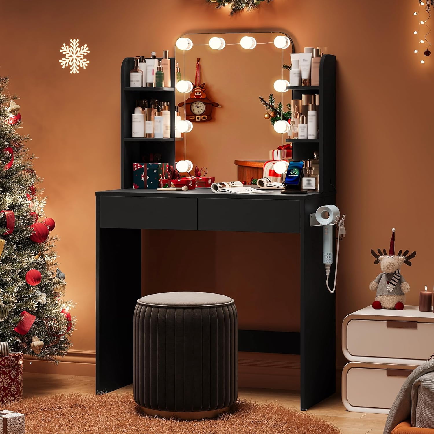 Black Small Vanity Desk with Lighted Mirror and Power Outlet, Pipleo 31.5" Makeup Table with 2 Drawers & 6 Storage Shelves, Women Girls Vanity for Small Space, Easy Assembly