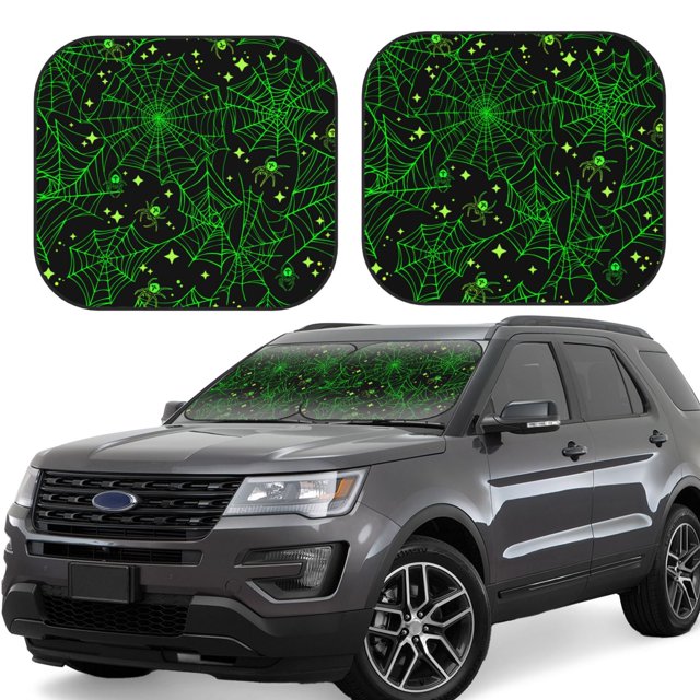 Fotbe Green Bright Web with Spiders Juego de 2 Piezas de Parasoles para Parabrisas | Bloqueador Solar para Auto | Accesorios Plegables para Protección Solar Interior-Large