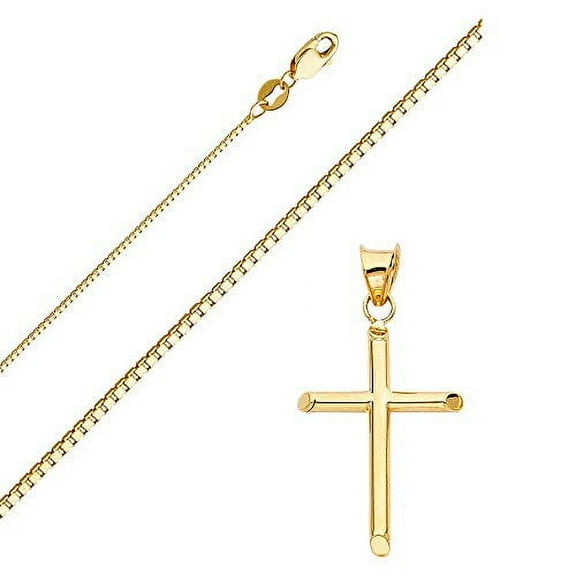 Solid 14K Gold Box Chain Cross Pendant Necklace - Choose Chain Length and Width (22.0, Box Chain - 0.8mm)