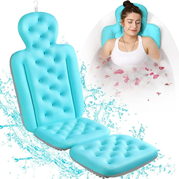 Luxury Bath Cushion, Full Body Bathtub Pillow with 160 Suction Cups, Bath Mat for Head and Neck Support, with Laundry Bag (Blue, 51" x 16")