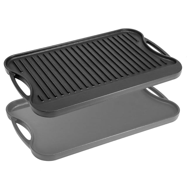 Hiorucet Cast Iron Reversible Griddle for Gas Stove,Charcoal/Gas Grill and Open Fire Oven, Double Burner Grill Pan Stove Top Pan