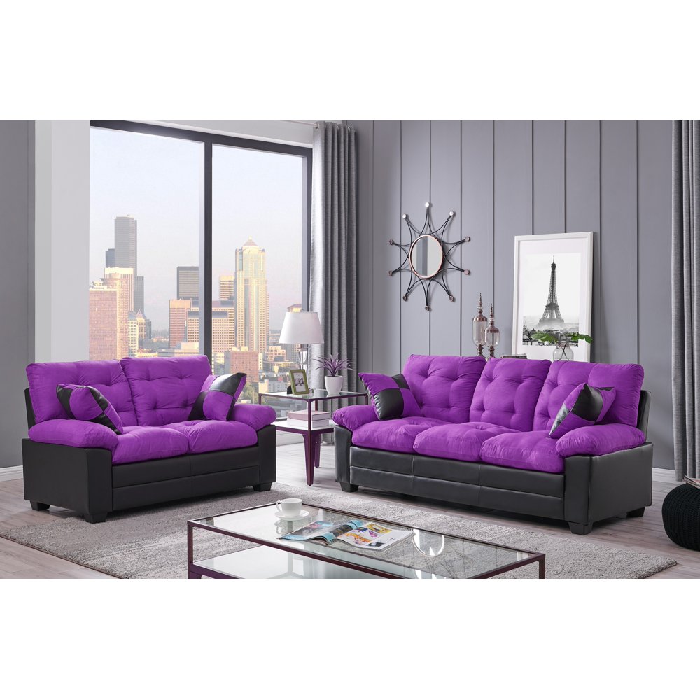 Living Room Simple Classic Plush Cushion Sofa And Loveseat Microfiber
