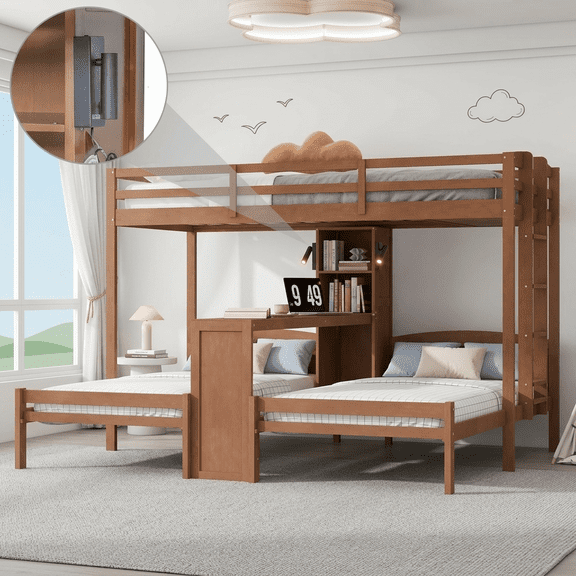 MODERNLUXE Twin over Twin & Twin Bunk Bed with Desk and Shelves, 3 Beds with Reading Lamps, Natural