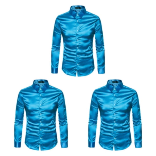 Sonducket Camisa transpirable para hombre Satén con mangas largas - Trabajo Boda o hogar Camisa para hombre Manga larga formal Azul grande M Type1 NO1